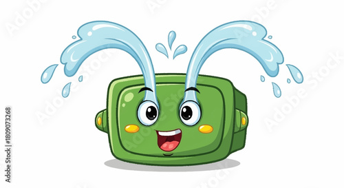 Funny green cartoon character with water fountains for hair, a playful design element for kids' products or educational materials that will make you smile