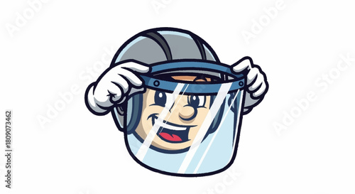 Cartoon construction worker smiling and wearing protective hard hat and face shield, ready for any job in safety gear, a confident and upbeat attitude