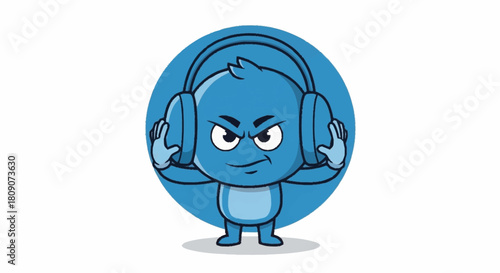 Intense blue mascot wearing headphones, a cool cartoon character ready to drop the beat and bring the party to life in your next creative project