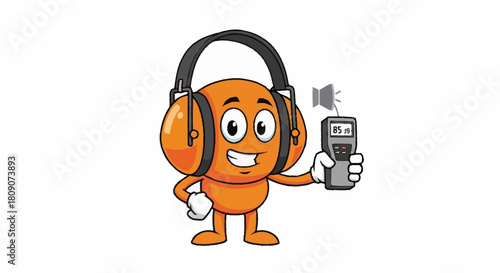 Protect your ears with safety first, cartoon character wearing headphones and measuring noise level with sound meter, workplace safety mascot