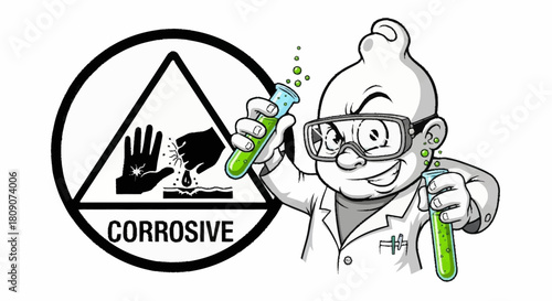 Mad scientist cartoon character with corrosive substance warning, perfect for science education materials or safety campaigns with a fun, engaging twist