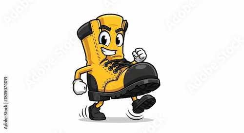 Cheerful cartoon work boot character walking with determination, perfect for construction safety campaigns and footwear promotions, embodying resilience and strength