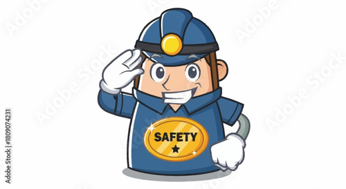 Friendly safety mascot cartoon with a star on his badge salutes you, conveying a message of protection, security, and adherence to workplace safety