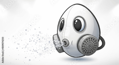 Quirky cartoon gas mask character with bubbly breath for creative designs, safety awareness campaigns, or unique brand visuals in clean, modern style