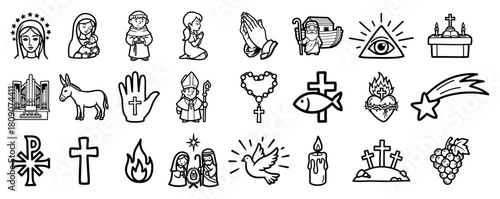 Set of Christian Religious Icons in Outline Vector Style