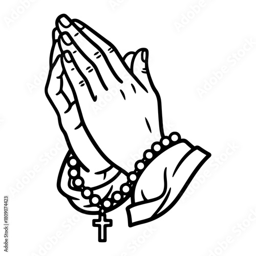 Praying Hands with Rosary Beads Christian Prayer Line Art Vector
