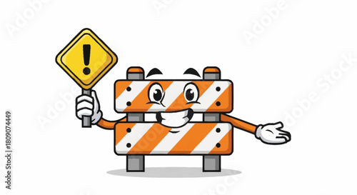 Friendly construction barrier character cheerfully holding an exclamation point sign to highlight important information for safety or caution needs