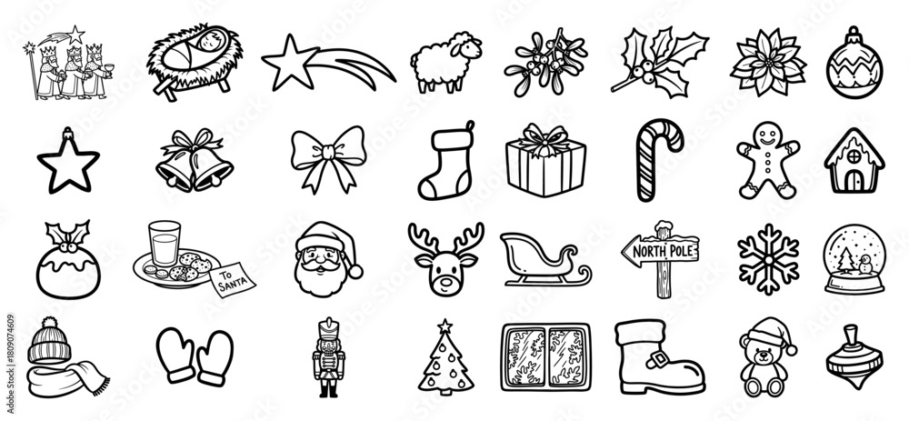 Fototapeta premium Hand Drawn Christmas And Winter Holiday Doodle Icons Set Vector Illustration