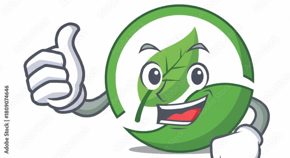 Obraz premium Cheerful green leaf logo with a thumbs up, perfect for eco-friendly brands and sustainable initiatives that inspire trust and positive brand associations