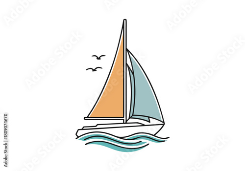 Minimalist sailboat on calm waves with flying seagulls, a tranquil vector illustration for travel and leisure concepts, clean graphic design
