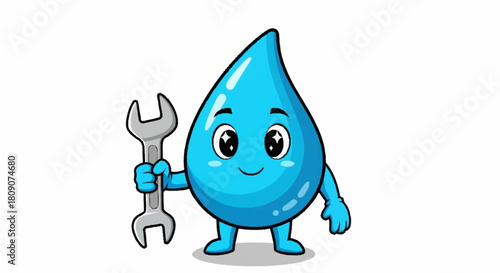 Cartoon water drop character ready to fix your plumbing issues with a wrench, perfect for kids' education or environmental awareness campaigns