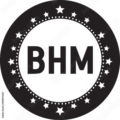 Black history month circular emblem with stars and bhm text