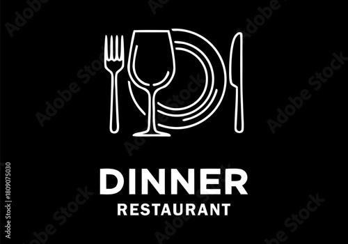 Elegant line art dinner restaurant icon representing a sophisticated fine dining experience and gourmet food service emblem