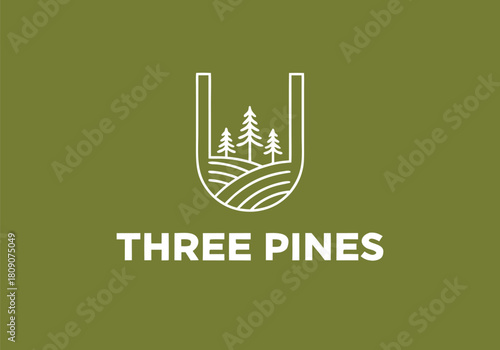 Minimalist vector logo design featuring three pine trees within a stylized 'U' shape, perfect for natural branding concepts