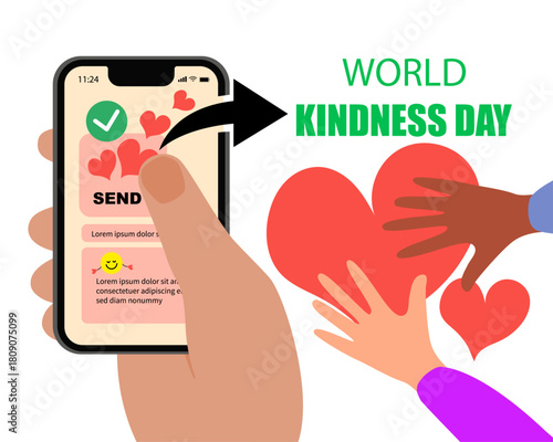World kindness day. Random acts of kindness day. Sending charity by Phone to anyone who needed. Caring, responsibility, altruism of people. Vector illustration. Global earth. Ecology theme. 