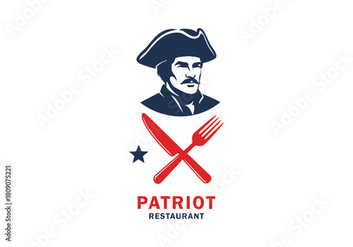 Vintage American patriot restaurant emblem design featuring classic colonial era figure with cutlery and star motif, iconic culinary branding