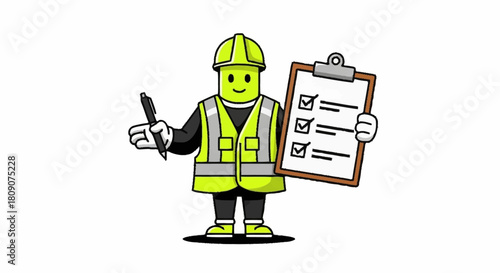 Safety inspector reviewing checklist with pen in hand, ensuring compliance and quality control on a construction site, promoting safety and efficiency