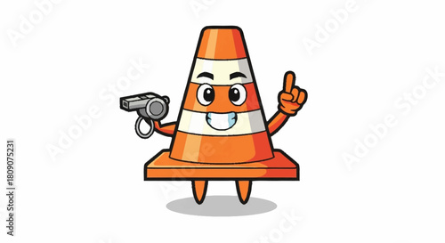 Cartoon traffic cone mascot with whistle, pointing up for safety awareness, perfect for educational materials and playful designs that demand attention