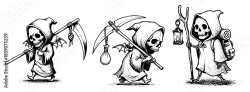 Set Of Three Cute Grim Reaper Characters Walking With Scythes And Lantern In Sketch Style
