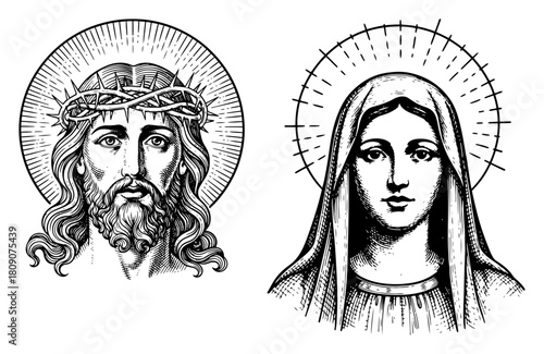 Vintage Engraving Style Vector Portraits of Jesus Christ with Crown of Thorns and Virgin Mary with Halo