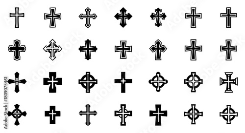 Large Collection of Christian Cross Vector Icons and Religious Symbols in Black Silhouette Style
