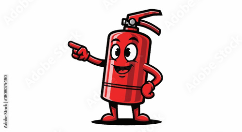 Funny fire extinguisher character pointing the way to safety, ideal for educational resources or emergency preparedness campaigns everywhere.