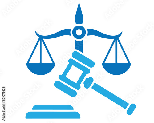 Scales of justice and gavel in blue, representing legal balance, fairness, and the judicial process, isolated on transparent background