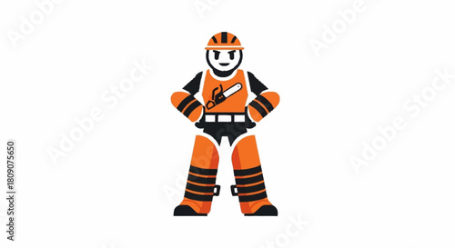 Lumberjack mascot with chainsaw on vest shows power and strength in forestry and logging industries, ideal for safety campaigns and branding needs