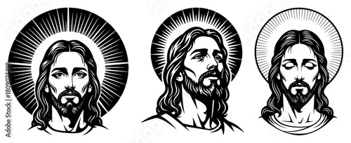 Jesus Christ Portrait Set With Glowing Halo In Vintage Woodcut Engraving Style Vector Illustration