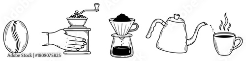 Coffee Brewing Equipment Hand Drawn Line Icon Set