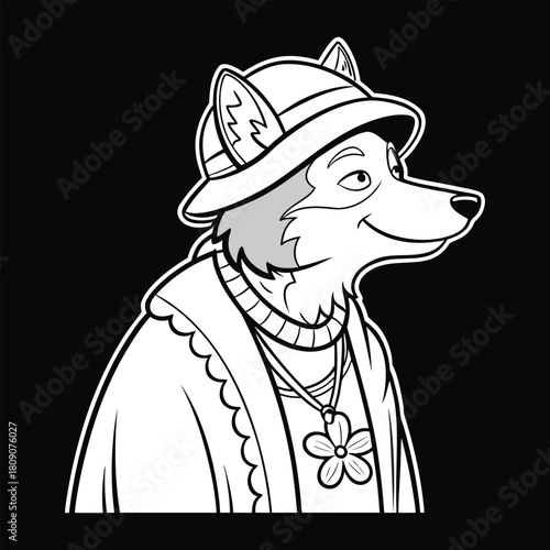 Black and White Cartoon Dog Wearing Hat and Necklace Keywords: dog, cartoon, illustration, black