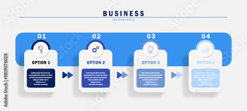 Business infographic vector template with icons and four steps or options. Ideal for process diagrams, presentations, workflow layouts, banners, and flow charts.