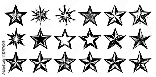 Set of Vintage Hand Drawn Stars and Starburst Engraving Icons