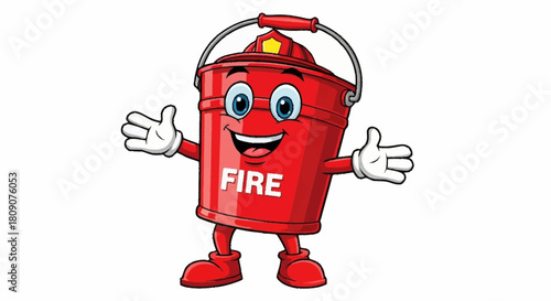 Cheerful cartoon fire bucket character with open arms invites kids to learn about safety and fire prevention in a fun, engaging way for educational materials