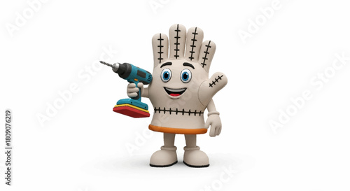Whimsical construction fun with cartoon glove character holding power drill for creative projects, bringing joy to your DIY needs with playful charm