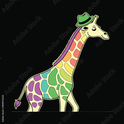 Cartoon Giraffe With Rainbow Spots And Green Hat On Black Background Keywords: giraffe, animal