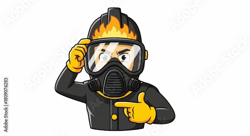 Cartoon firefighter with burning helmet pointing and looking serious, a brave hero protecting people, ready for action with determined expression