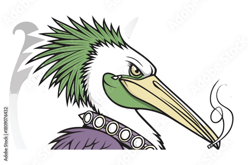 Cartoon pelican with green mohawk and studded collar smoking bird animal