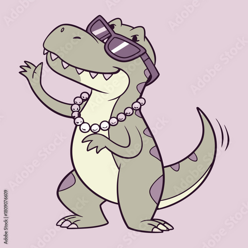 Cartoon T- Rex Dinosaur Wearing Sunglasses and Pearls Waving t-rex tyrannosaurus rex