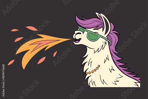Cool Llama with Purple Hair and Sunglasses Breathes Fire Keywords: llama, animal, cartoon, cool