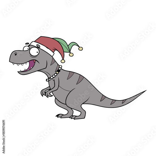 Cartoon Tyrannosaurus Rex Wearing Christmas Elf Hat And Necklace illustration vector