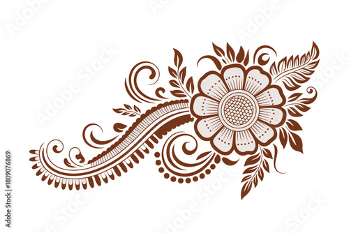 Brown floral henna design with flower and leaves on white background mehndi