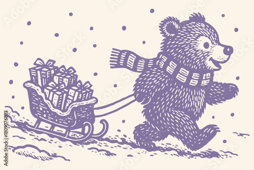 A cute cartoon bear in a scarf pulling a sleigh full of Christmas gifts through the snow. A charming vintage-style vector illustration.