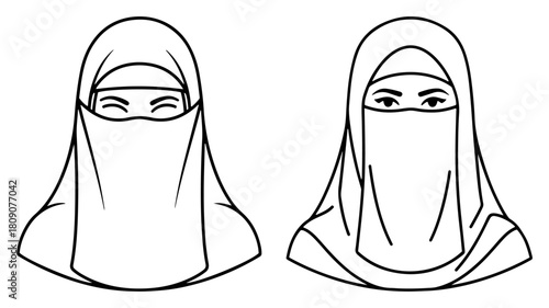 Portrait Illustration Of Muslim Woman Wearing Traditional Niqab And Hijab Headscarf In Line Art Style