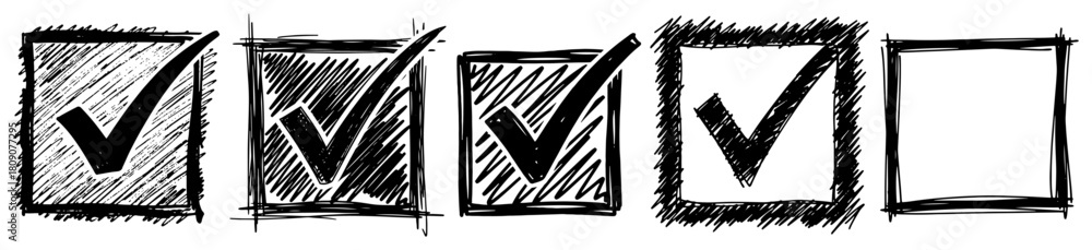 Fototapeta premium Hand Drawn Sketchy Checkbox Set With Check Marks And Empty Square Vector Illustration