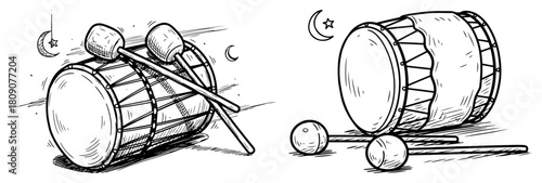Traditional Ramadan Drum Instrument Sketch With Crescent Moon And Sticks Vector Illustration
