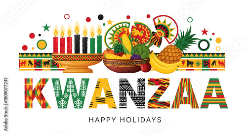 Happy Kwanza. Holiday African symbols with lettering on a white background
