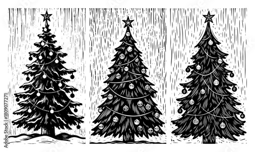Vintage Woodcut Style Christmas Tree Set With Ornaments And Stars Vector Illustration