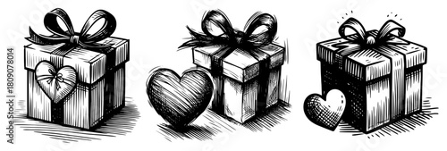 Set of Hand Drawn Sketch Style Gift Boxes with Ribbons and Hearts