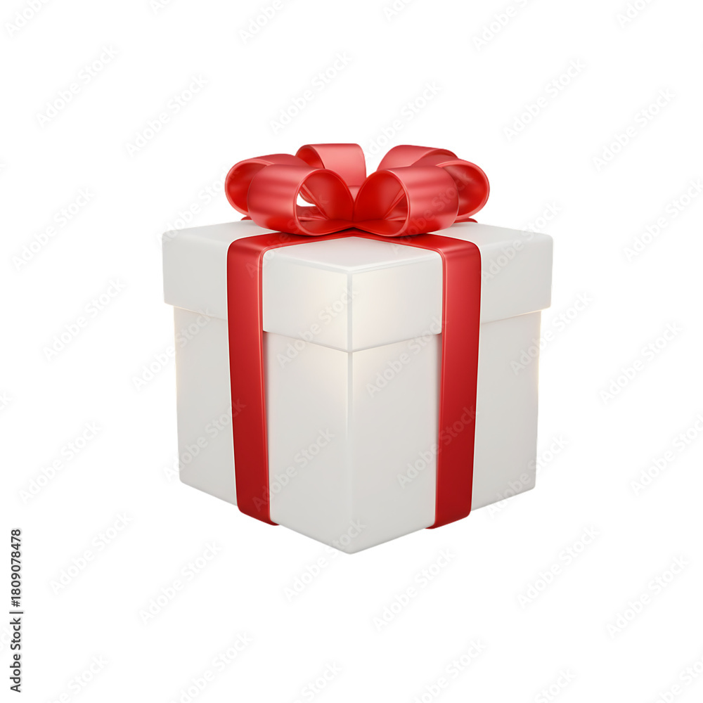 Fototapeta premium 3d gift box with shiny red ribbon, glossy texture, soft glow edges, isolated on white background, festive christmas present icon